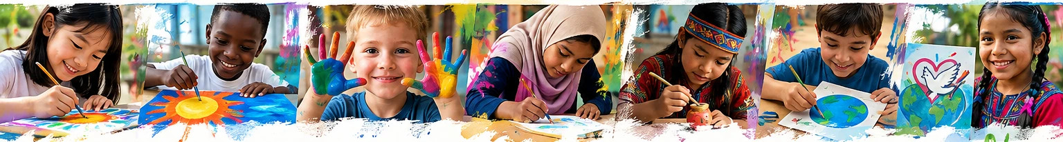 Children from different cultures drawing, painting and sculpting as part of a worldwide celebration of creativity
